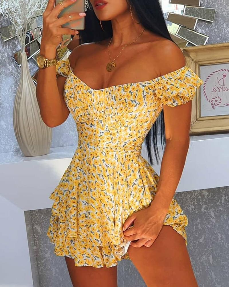 

Ditsy Floral Print Off Shoulder Ruffle Hem Dress, Yellow