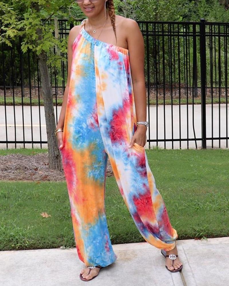 

Tie Dye Print One Shoulder Pocket Design Jumpsuit, Multicolor