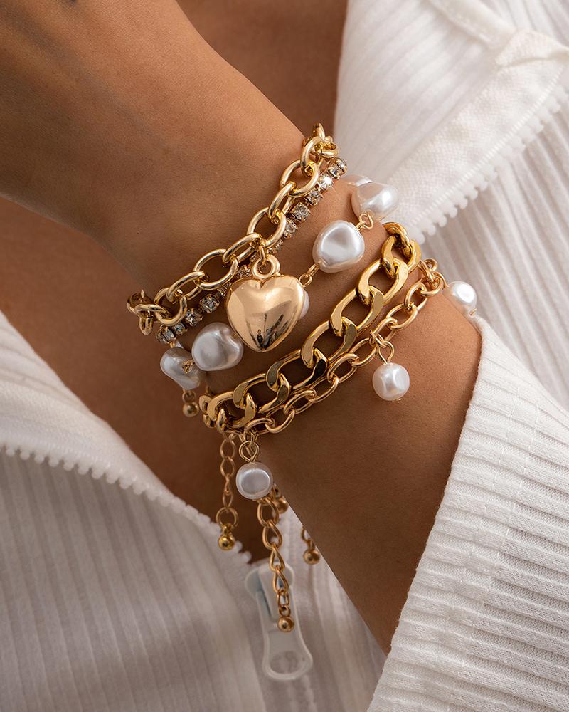

Heart Pendant Beaded & Chain Bracelets Set, Gold