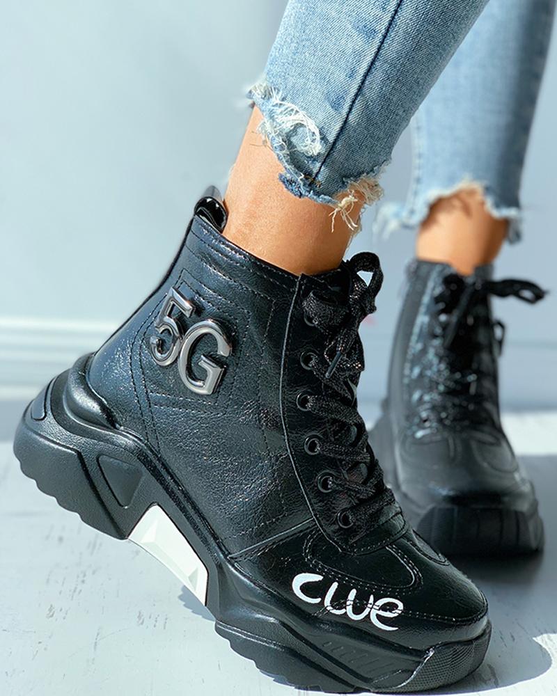 

Eyelet Lace-up Letter Pattern Chunky Shoes, Black
