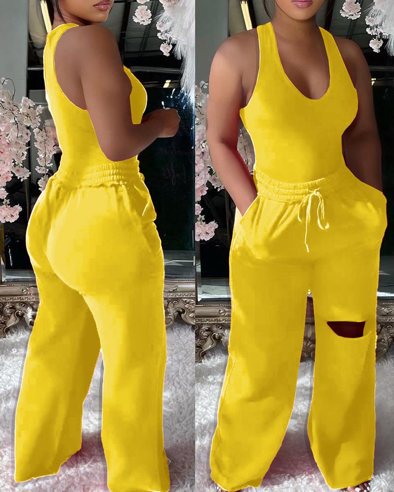 

U-Neck Bodysuit & Drawstring Cutout Wide Leg Pants Set, Yellow