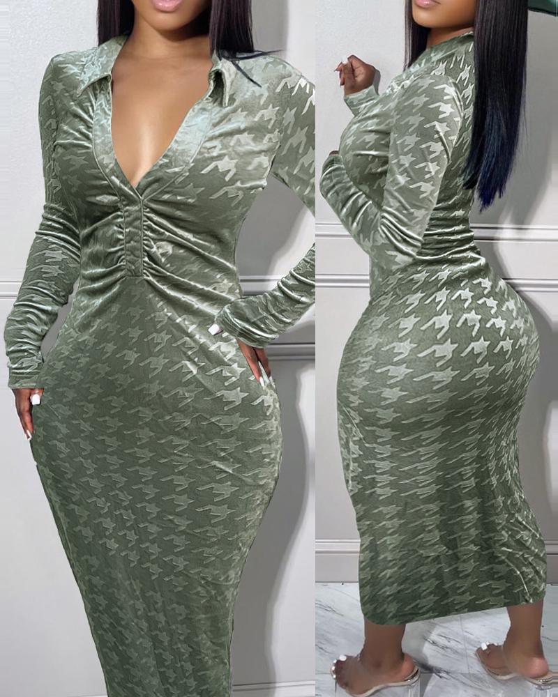 

Houndstooth Print Long Sleeve Bodycon Dress, Green