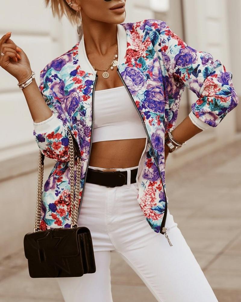 

Colorblock/Floral/Leaf Print Zipper Decor Coat, Purple