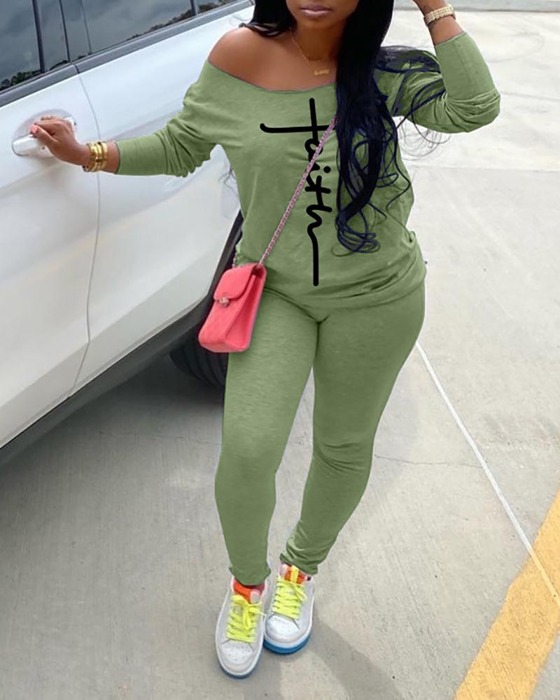 

Letter Print Long Sleeve Top & High Waist Pants Set, Green