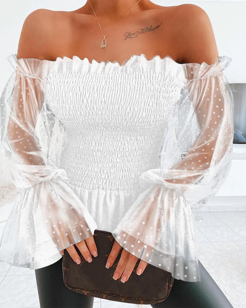 

Off Shoulder Dot Mesh Shirring Women Top, White