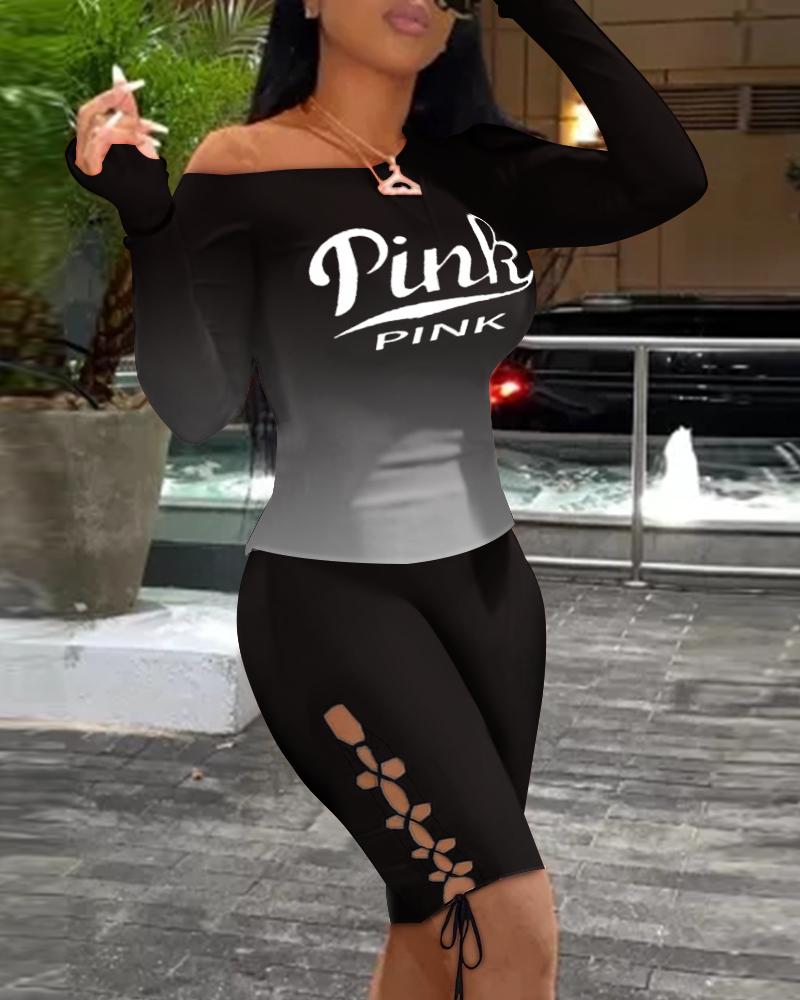 

Ombre Colorblock Letter Print Top & Lace-up Shorts Set, Black