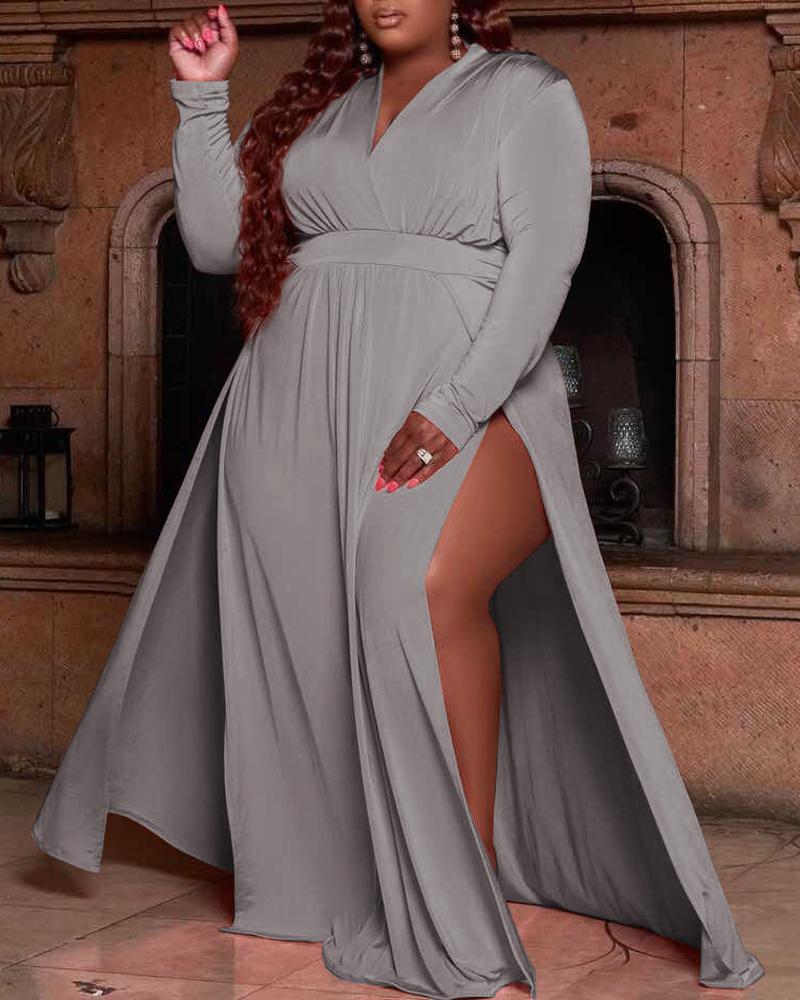 

Plus Size Long Sleeve High Slit Wrap Maxi Dress, Gray