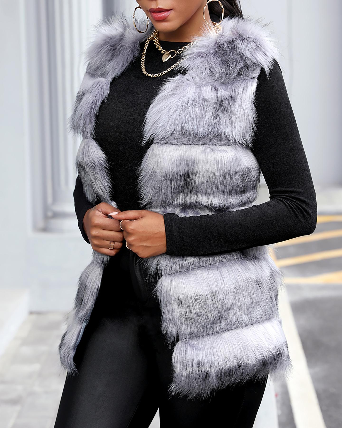 

Plain Open Front Faux Fur Vest, Gray