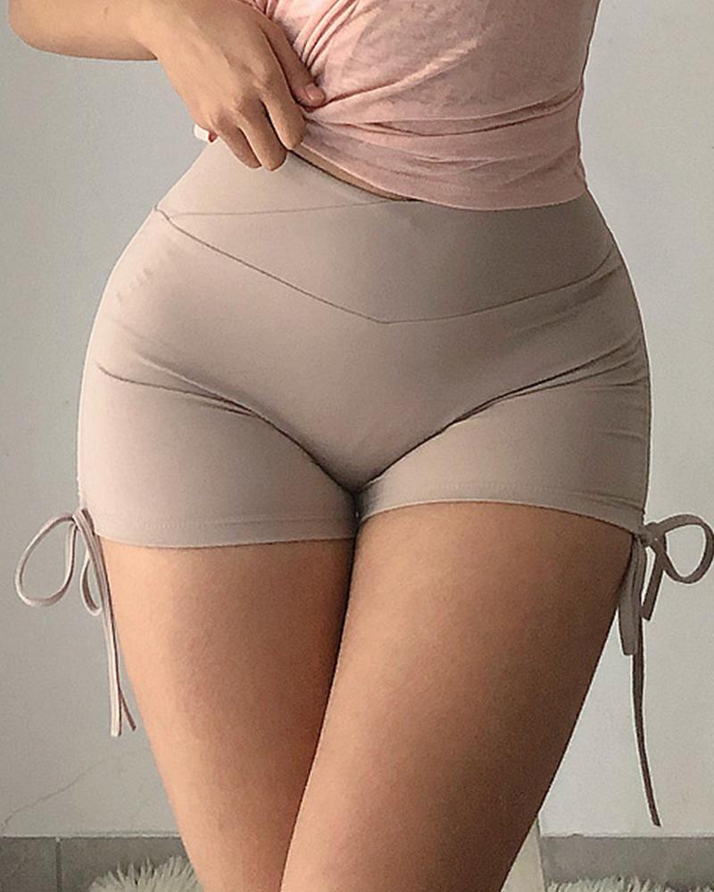 

Tie Side High Waist Sexy Active Shorts, Apricot