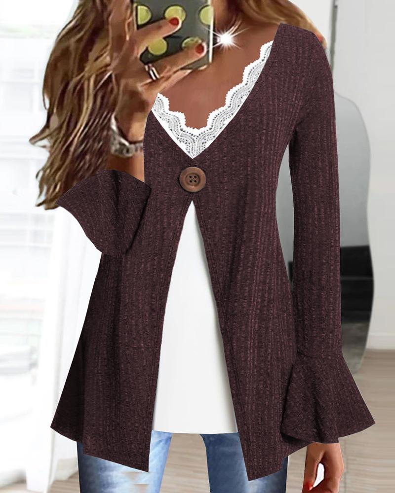 

Lace Patch Fake Two Piece Bell Sleeve Top, Wine red