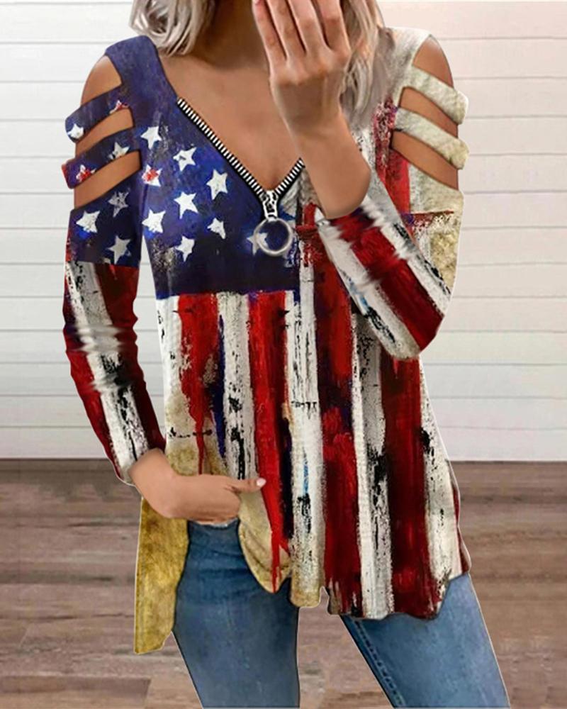 

Floral Print Zipper V-Neck Cut-Out T-Shirt, Style4