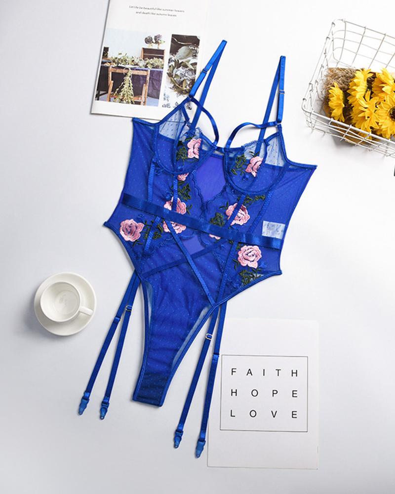 

Floral Embroidered See Through Mesh Garter Teddy, Blue