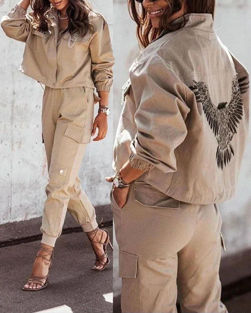 

Graphic Print Long Sleeve Zip Up Coat, Khaki