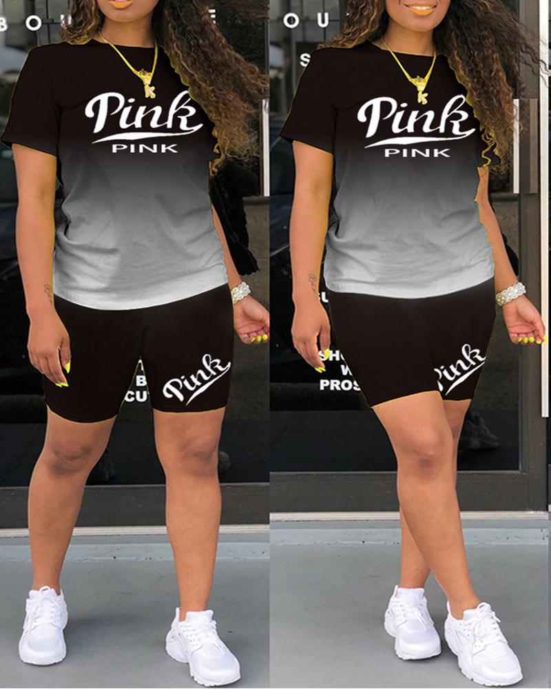 

Letter Print Short Sleeve Top & Shorts Set, Black