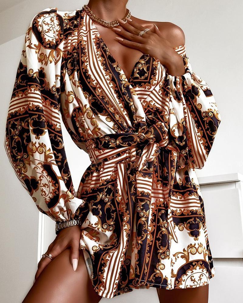 

Lantern Sleeve Tied Detail Scarf Print Dress, Brown