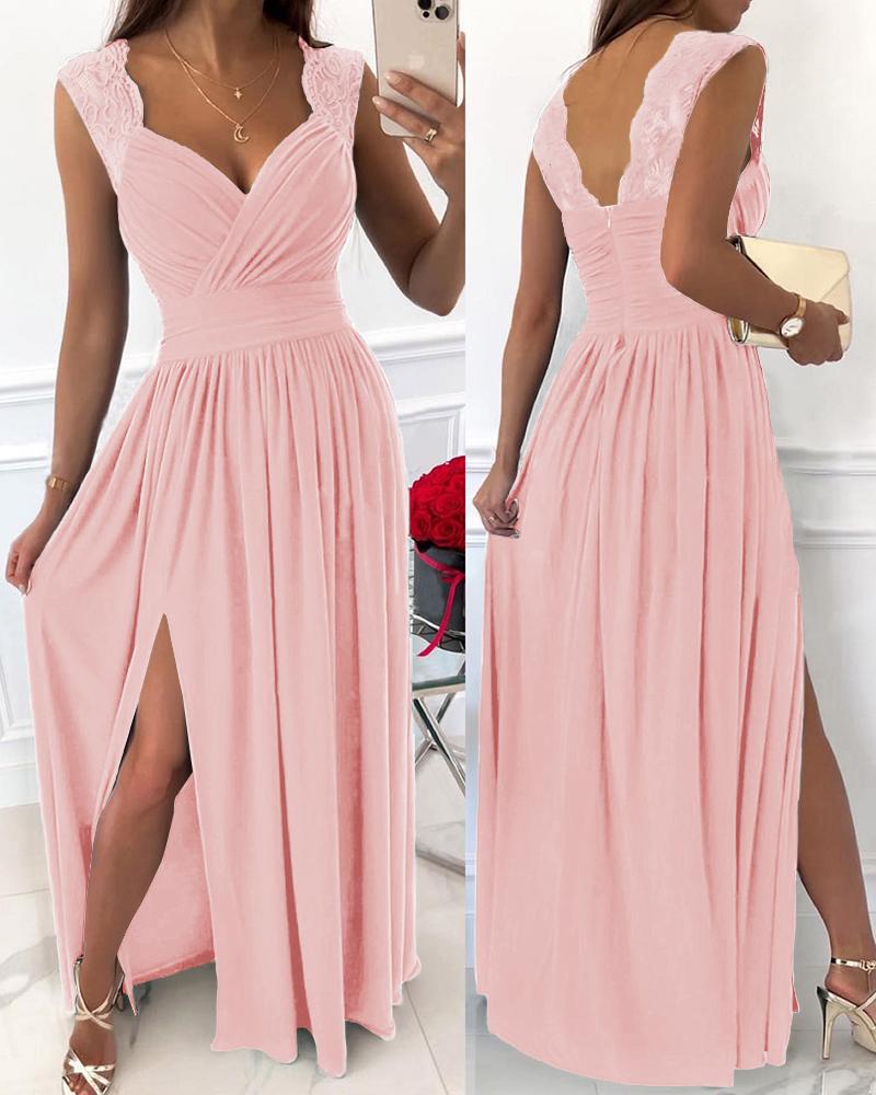 

High Slit Crochet Lace Ruched Evening Dress, Pink