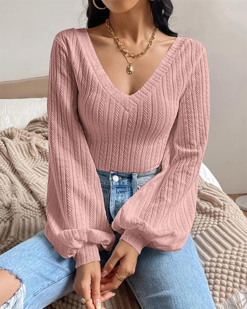 

Deep V-Neck Wheat Textured Casual Top, Pink
