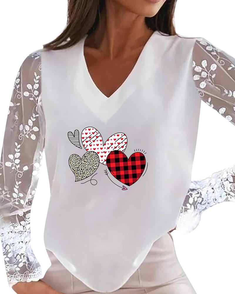 

Plaid Cheetah Heart Print V-Neck Top, White