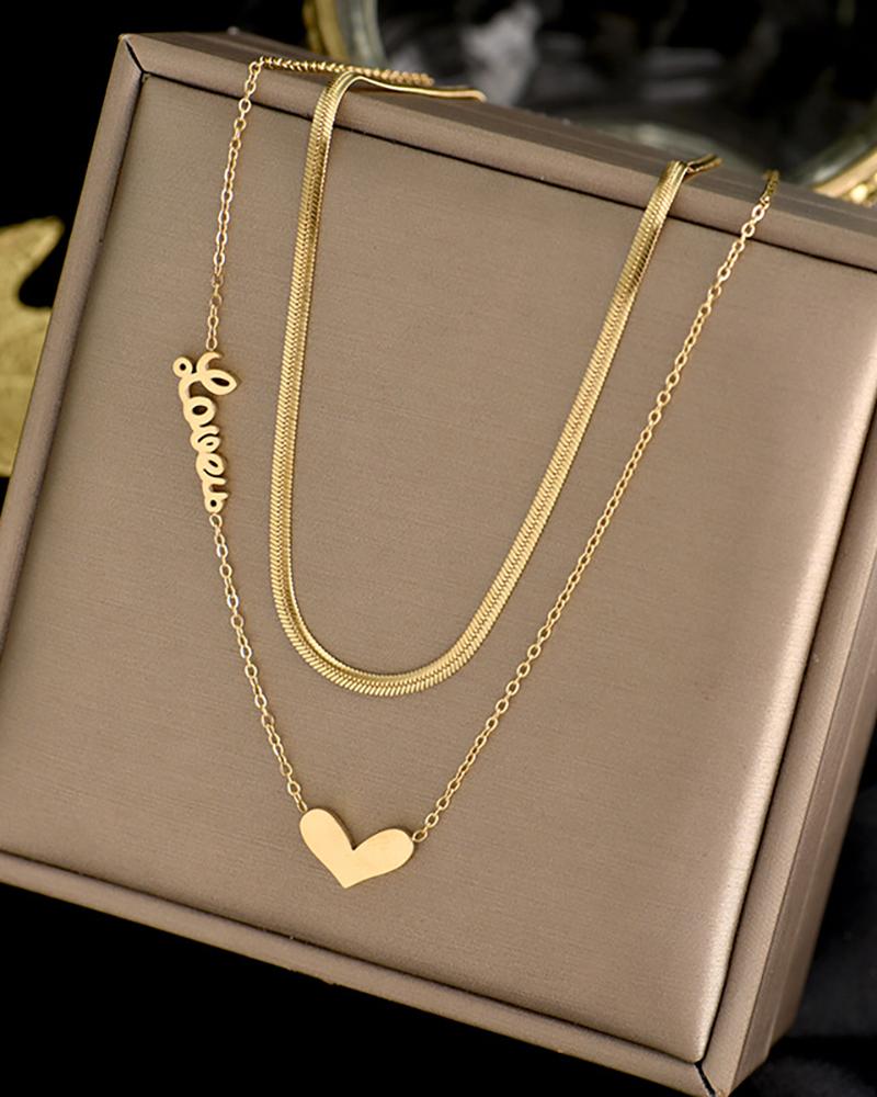 

Letter Heart Pattern Chain Layered Necklace, Gold
