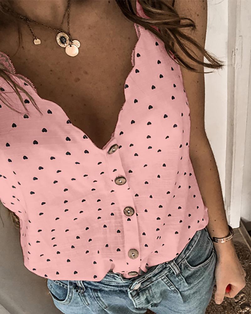 

Heart Print Button Design Tank Top, Pink