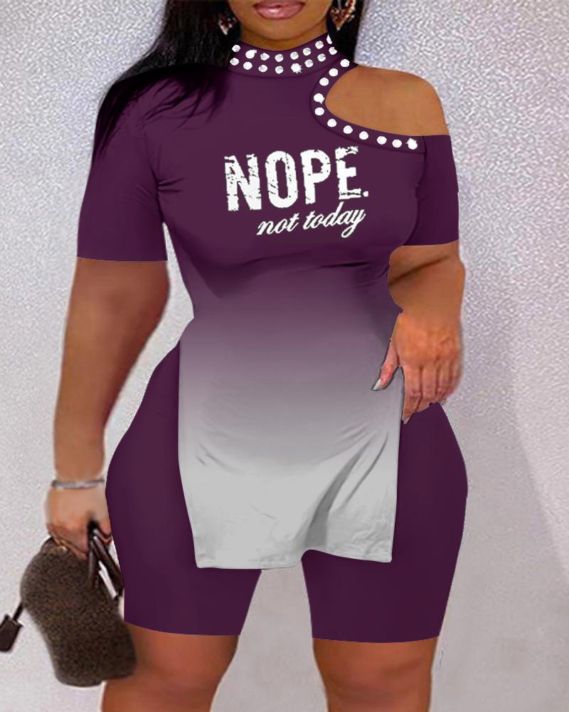 

Nope Not Today Print Ombre Cold Shoulder Top & Shorts Set, Purple