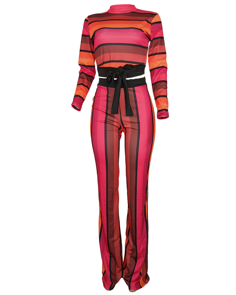 

Striped Long Sleeve Tied Detail Crop Top & Pants Set, Red
