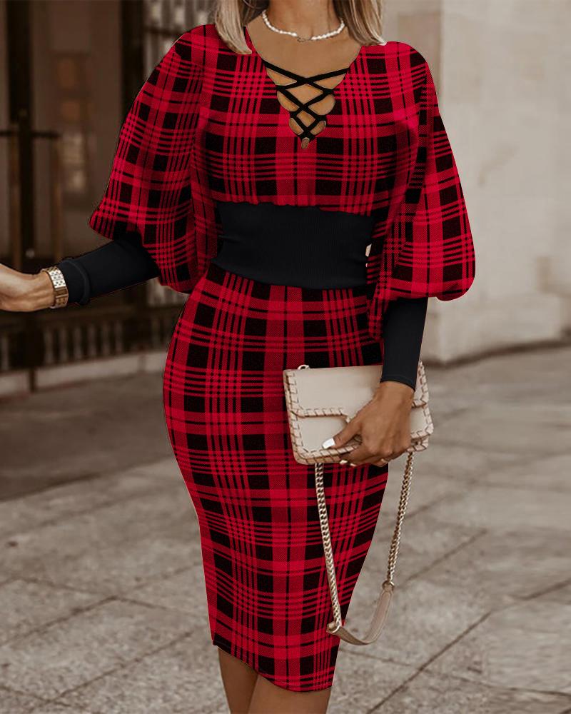 

Plaid Print Lantern Sleeve Midi Dress, Red