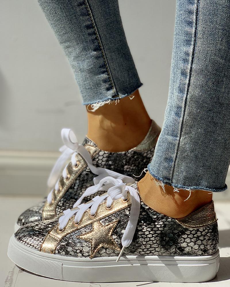 

Glitter Lace-Up Star Pattern Casual Sneakers, Snakeskin