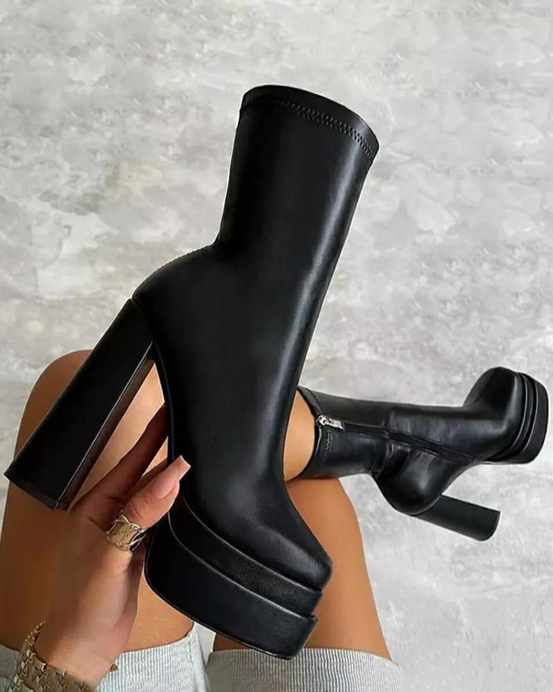 

Platform Zipper Design Chunky Boots, Black