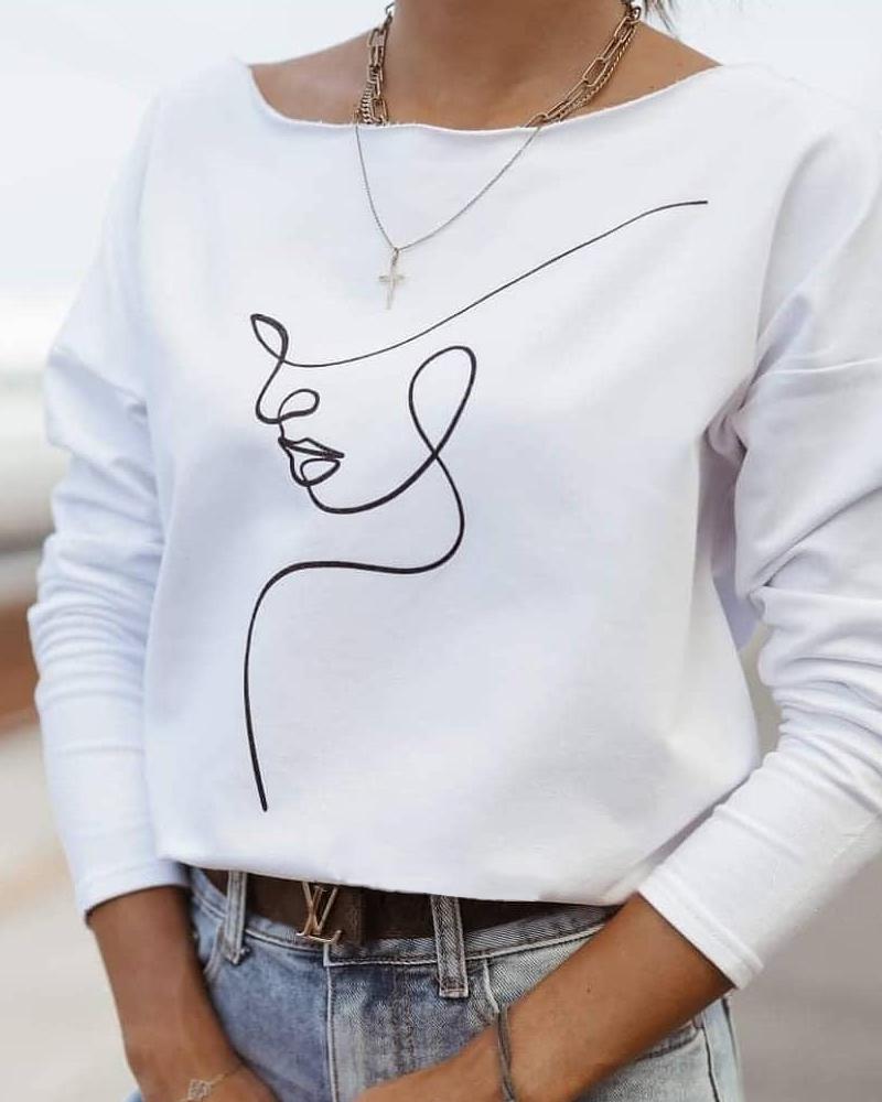 

Abstract Figure Print Drop Shoulder Top, White