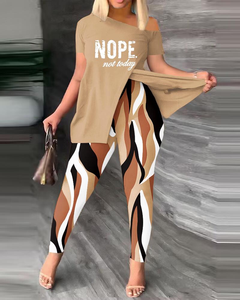 

Nope Not Today Abstract Print Split Hem Top & Pants Set, Khaki