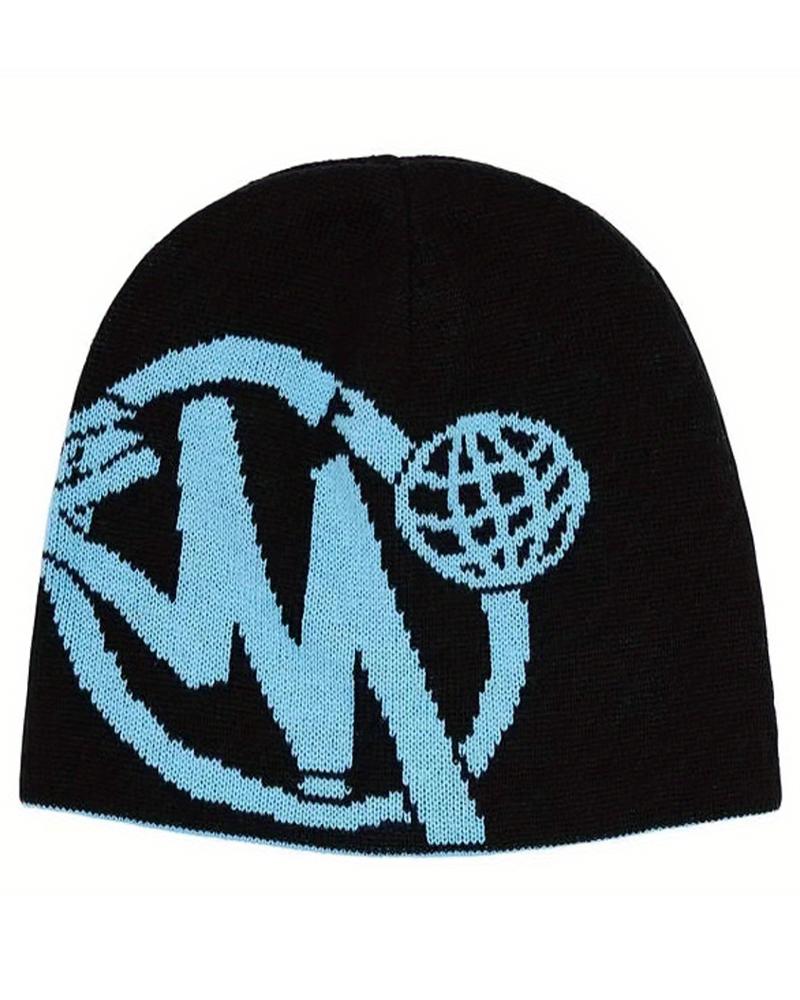 

Fashionable Letter Pattern Y2k Knit Thermal Beanie Hat, Blue