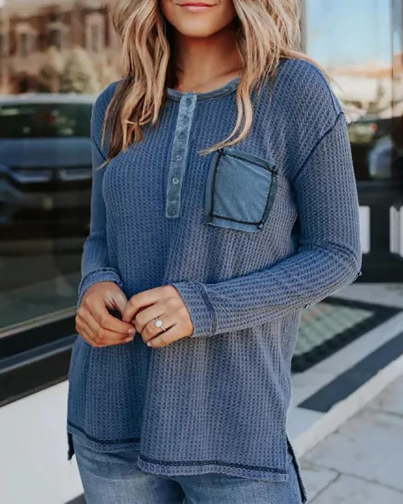 

Waffle Knit Pocket Design Buttoned Long Sleeve Top, Blue