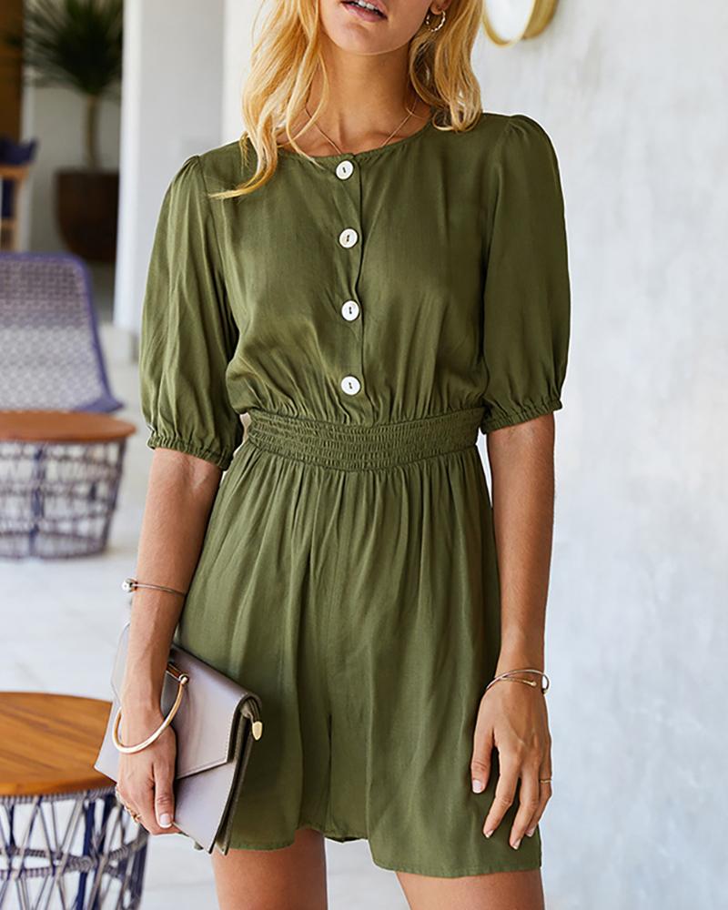 

Solid Half Sleeve Button Design Romper, Green