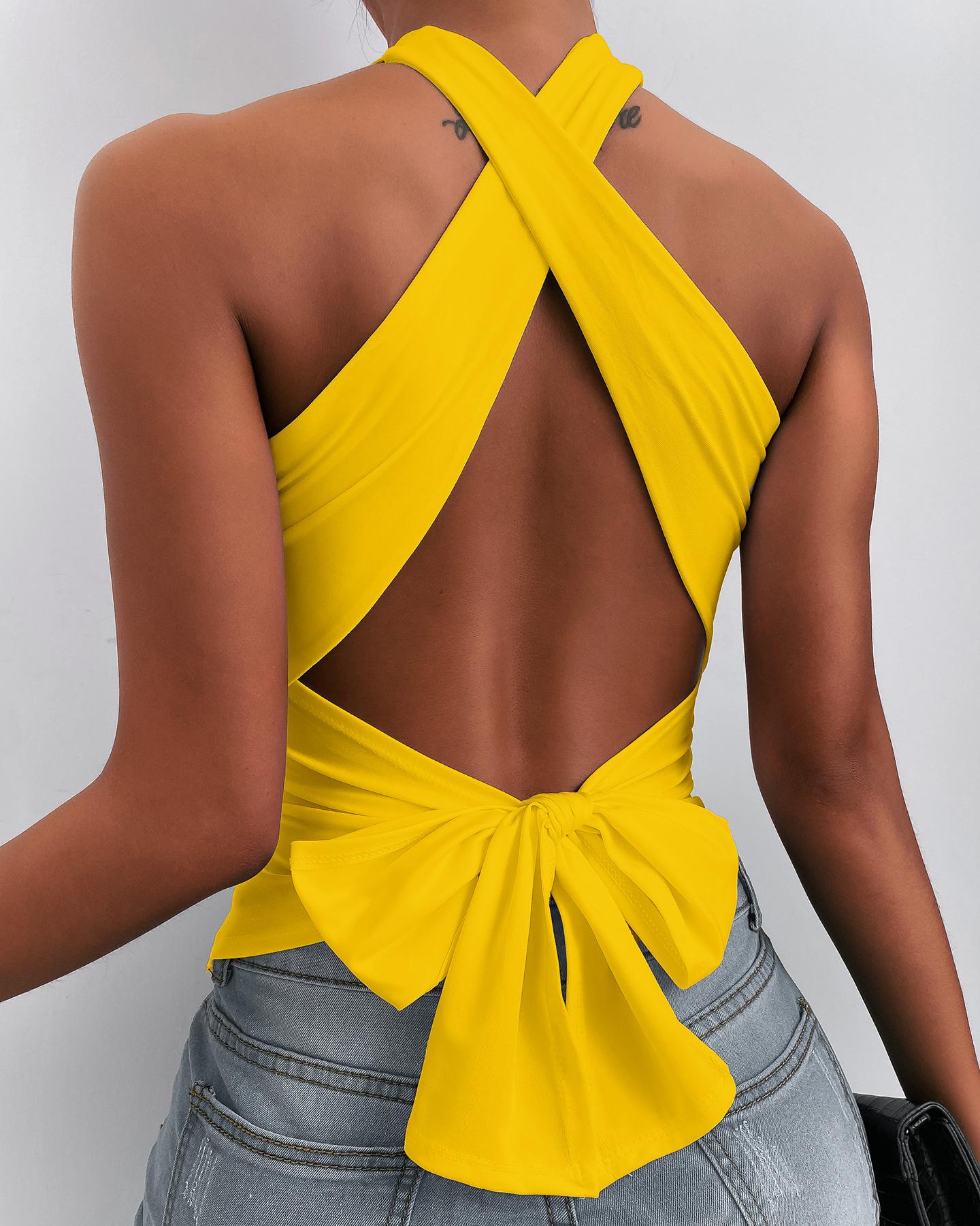 

Halter Backless Knotted Design Top, Yellow