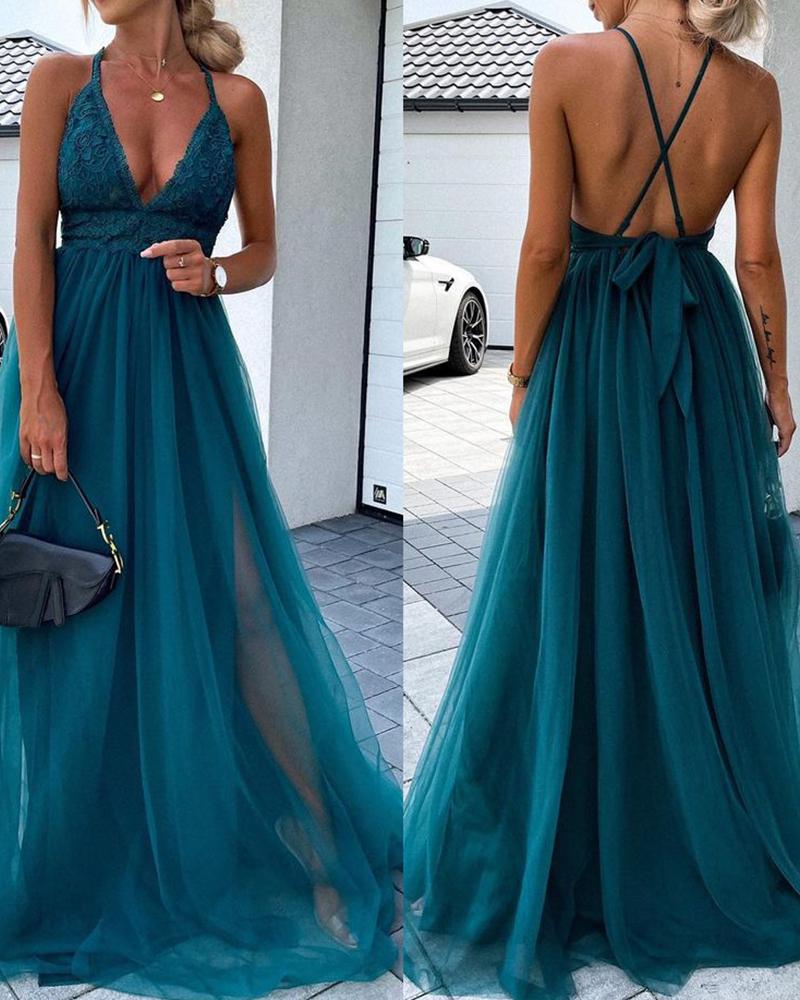 

Sleeveless Plain Crisscross Backless Lace Patch Mesh Prom Dress Wedding Guest Dress, Blue