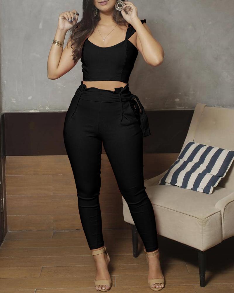 

Ruffles Top & Pocket Design Frill Hem Pants Set, Black