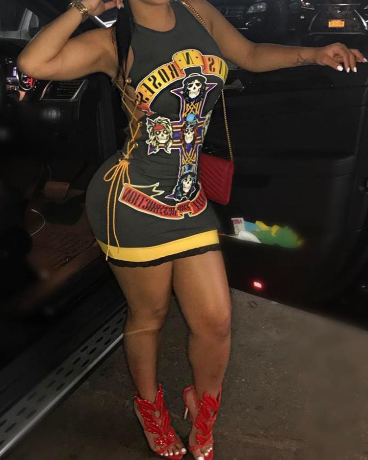 

Skull Print Lace-Up Side Bodycon Mini Dress, Multicolor