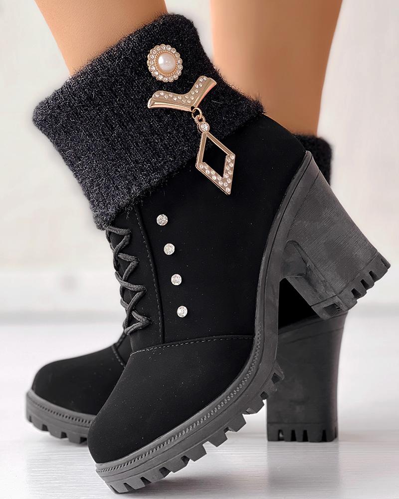 

Rhinestone Decor Lace-up Chunky Heel Lined Ankle Boots, Black