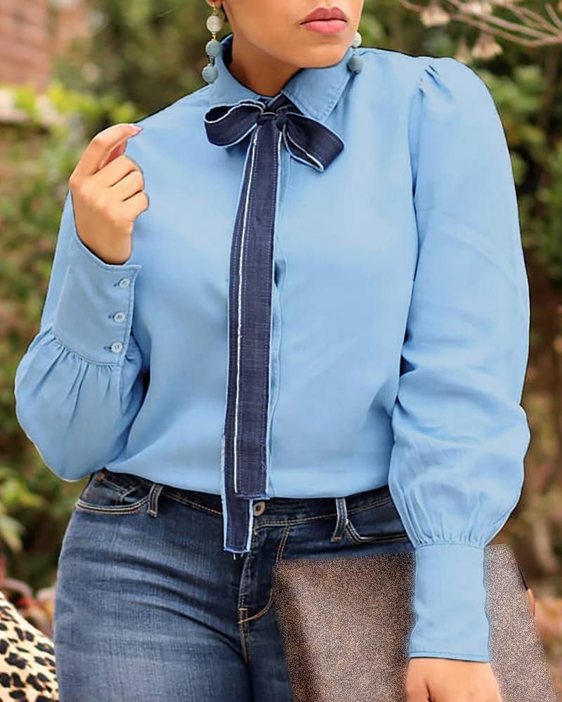 

Denim Bowknot Design Buttoned Blouse, Blue