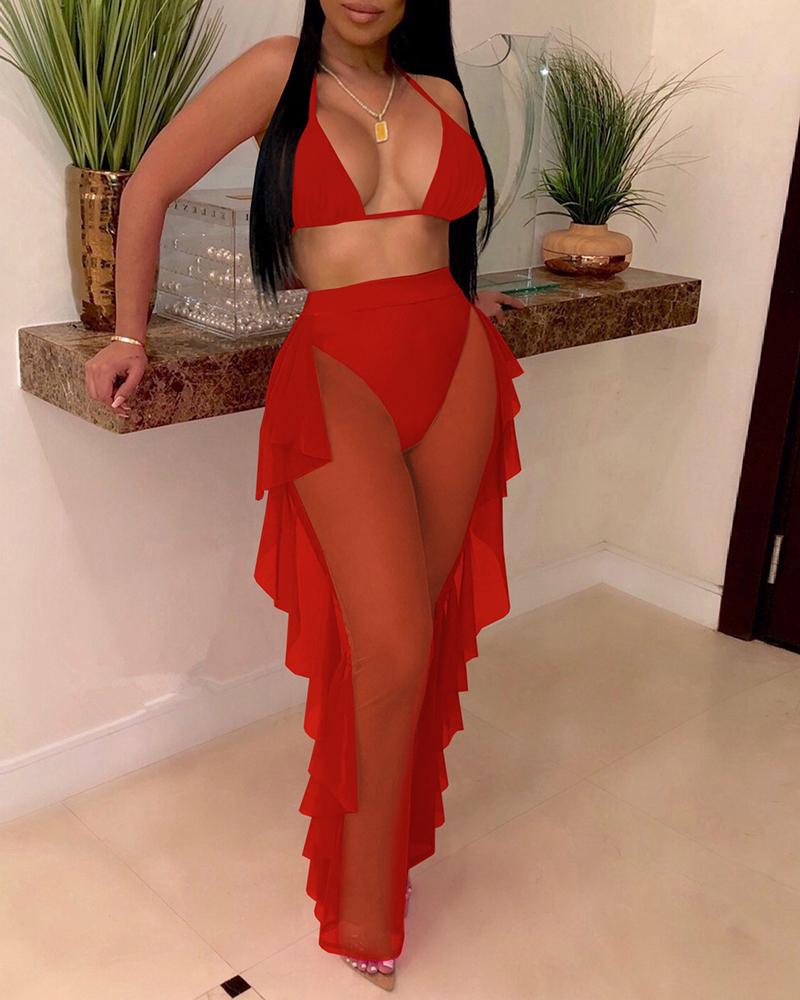 

Plain Halter Crop Top & Ruffles Hem Sheer Mesh Pants Set, Wine red