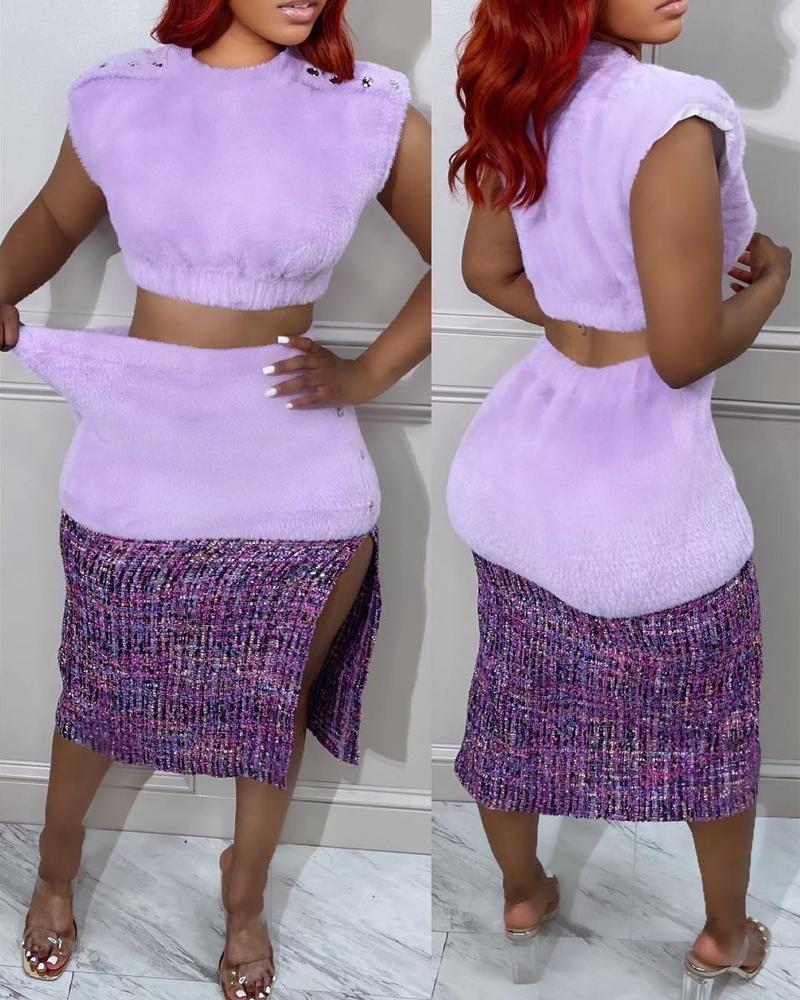 

Crop Tank Top & Patchwork High Slit Skirt Set, Purple