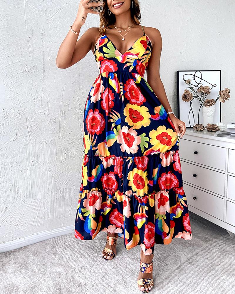 

Floral Print Ruffle Hem Cami Maxi Dress, Multicolor