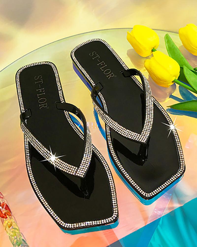 

Rhinestone Decor Square Toe Flip Flops, Black