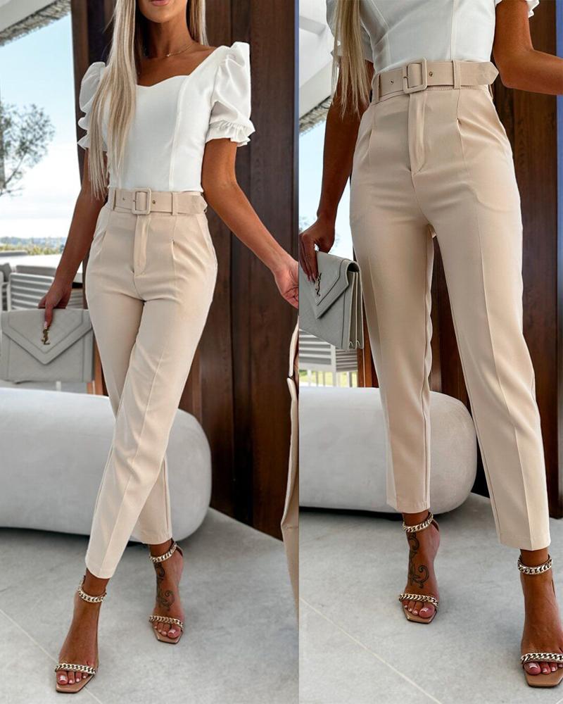 

Plain High Waist Work Pants With Belt, Apricot