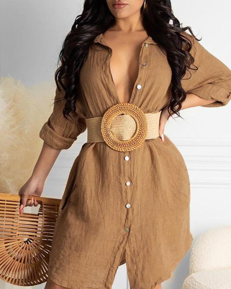 

Button Front Long Sleeve Casual Shirt Dress, Khaki
