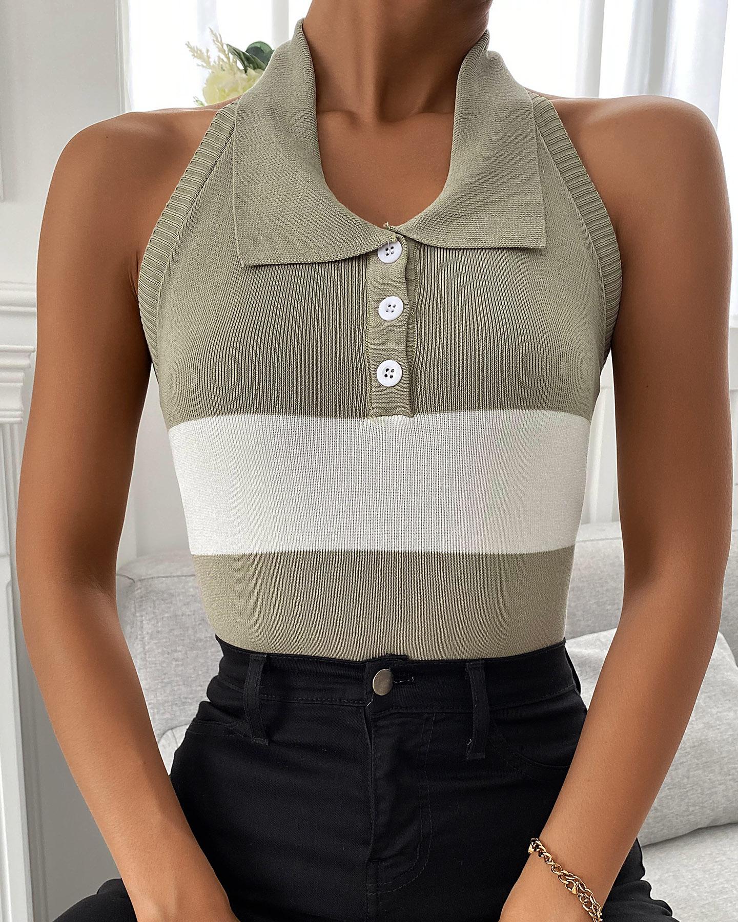 

Halter Backless Colorblock Buttoned Knit Top, Style1