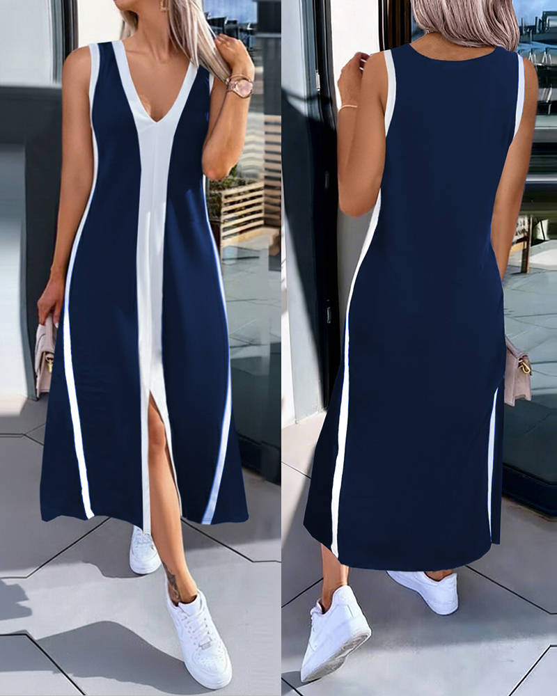 

Striped Sleeveless Plunge Neckline Midi Dress with Slit Detail Casual Loose Fit A Line Dress, Purplish blue