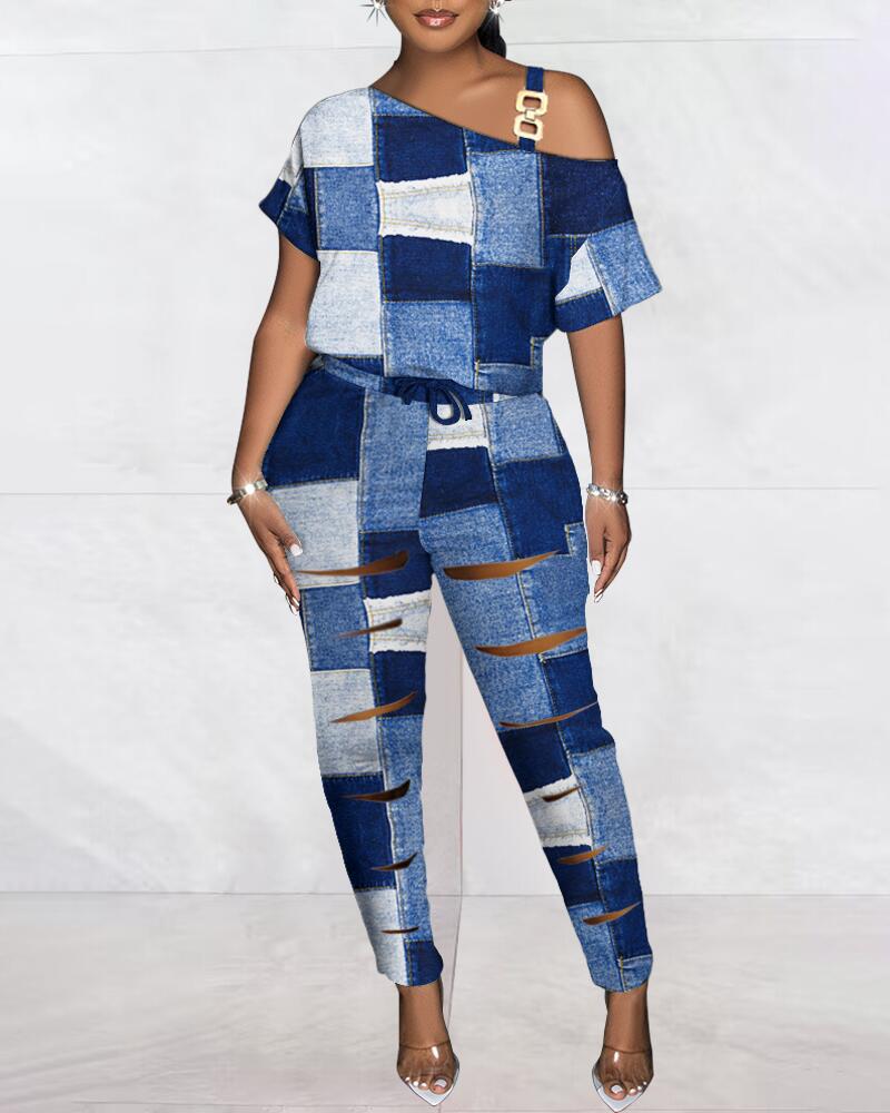 

Denim Look Print Ladder Cutout Jumpsuit, Blue