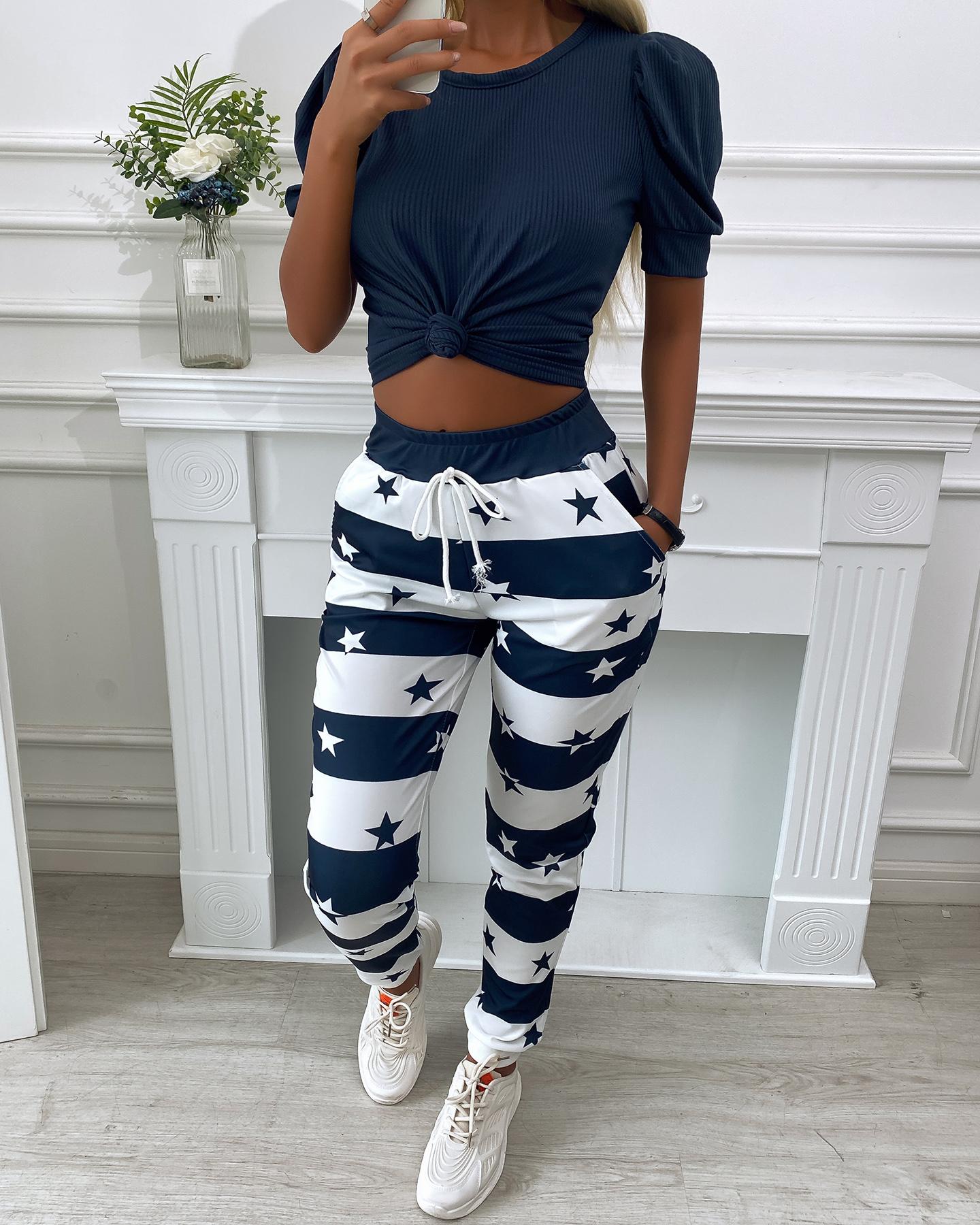 

Puff Sleeve Top & Star Print Colorblock Pants Set, Blue